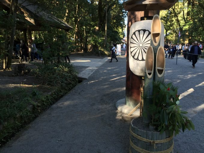 宮崎神宮の鳥居の下に飾られた、菊紋と門松