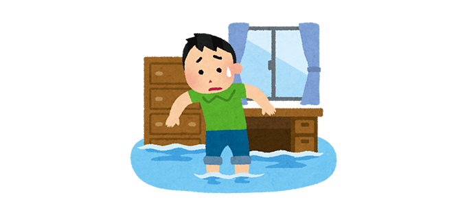 床上浸水して、水没した部屋で膝まくりしてたつ男性のイラスト