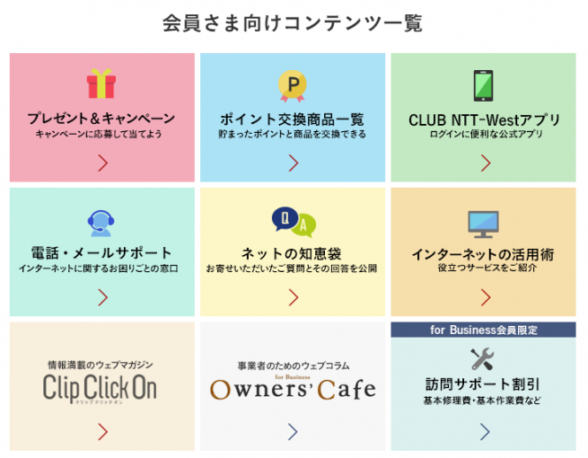 各種会員特典の一覧