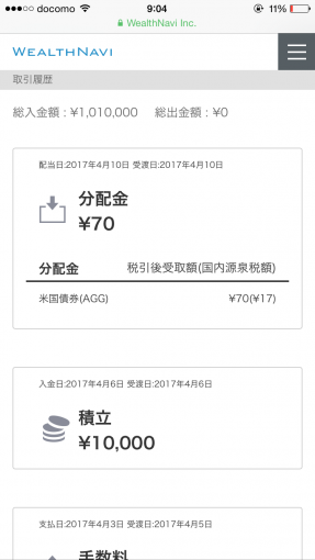 自動積立と分配金が入金された取引履歴