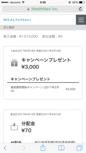 積立開始キャンペーンで3000円が入金された画面