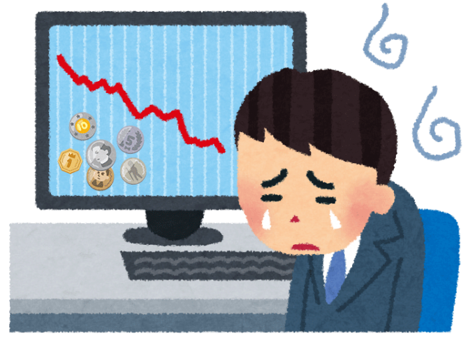 ビットコインが暴落して悲しむ男性のイラスト