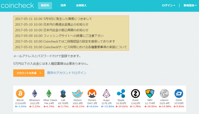 コインチェックのトップページ