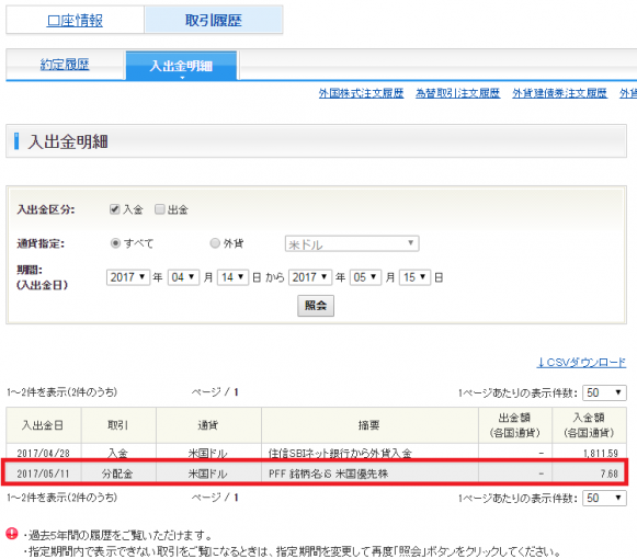 SBI証券の分配金の入金状況履歴