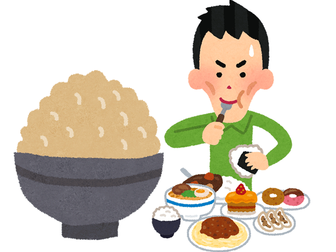 食事を食べるガリガリの男性と玄米のイラスト