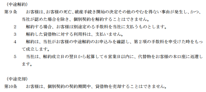 利用規約の中途解約についてなどの、説明条文