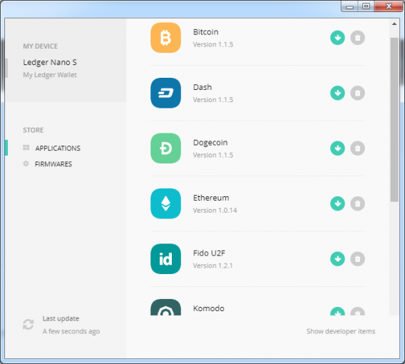 ledger managerに並んだ各アルトコイン（bitcoin,dash,dogecoin,ethereum,fidou2f,komodo）の管理画面