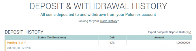 PoloniexでLitecoinの受信が「Pending」になっている状態