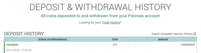 PoloniexでLitecoinの受信が「Complete」になっている状態