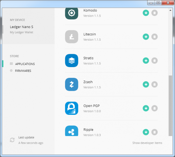 ledger managerに並んだ各アルトコイン（litecoin,stratis,zcash,openpgp,ripple）の管理画面