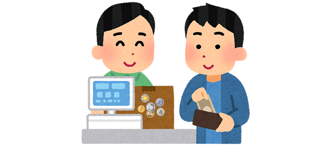 レジでお金を支払う男性のイラスト