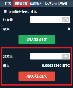 コインチェック、トレードビューでの成行売注文窓