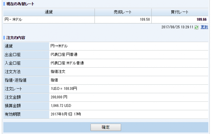 SBIネット銀行のドル円注文確認画面