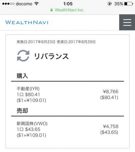 履歴に表示されたリバランス内容（購入ETF内容。売却VWO,購入IYR）