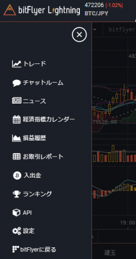 ビットフライヤーFX管理画面の設定メニュー