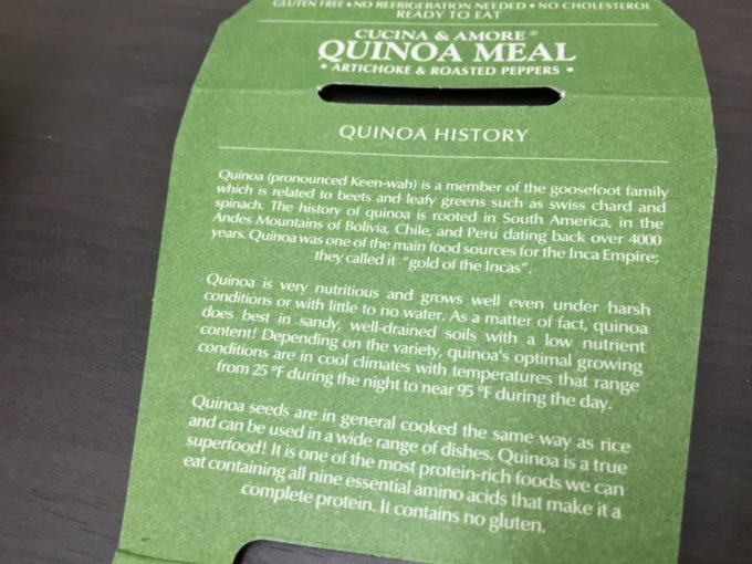 キヌアミール、内パッケージ（quinoa meal の説明）