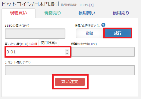 注文窓で成行注文を選択した状態