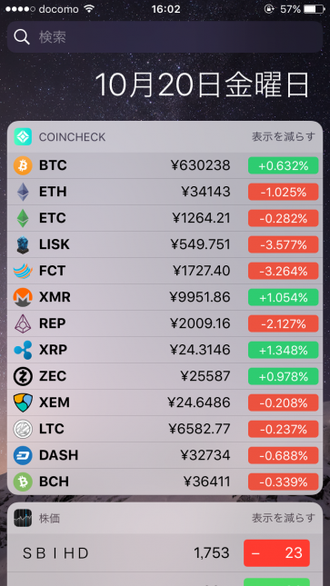 コインチェック2017年10月20日16時の価格