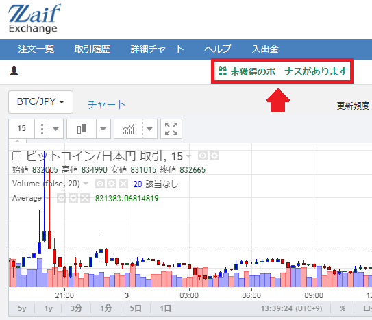 Zaif、トップページに表示された未獲得のボーナスがありますの表示