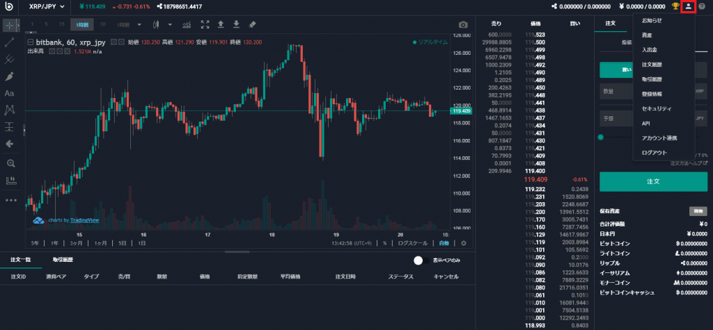 ビットバンクの管理画面（Ripple：XRPチャート）