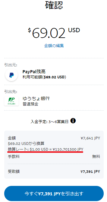 円への換算レートと振込予定金額が表示される