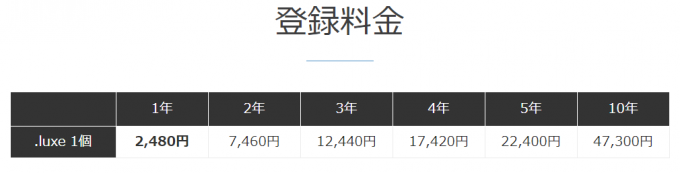 .luxe登録料金。年間4500円程度と他ドメインに比べると少し高い