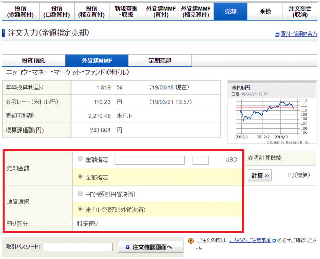 ドル建てMMFの売却方法説明。売却金額と円建てかドル建てかの売却方法を選択する。