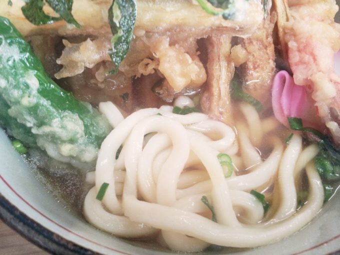 巨大ごぼうの下に隠れたうどんの麺