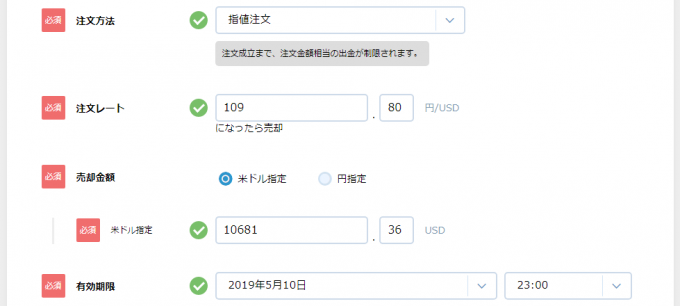 指値で指定し注文を入力した状態。