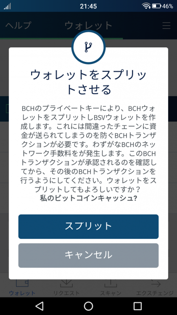 分離前に表示される「ウォレットをスプリットさせる場合の注意点」