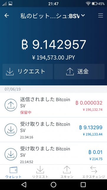 BSVの送受信履歴