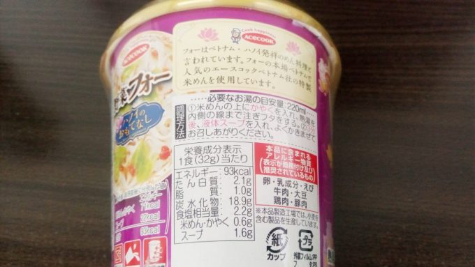 野菜フォーのカロリー、アレルギー表示